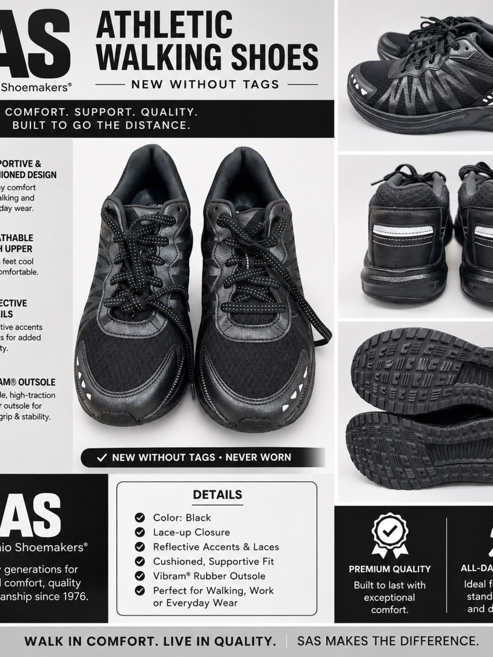 SAS Mission One-M Lace Up Sneaker Athletic Running Shoes Reflective sz 10 Mens